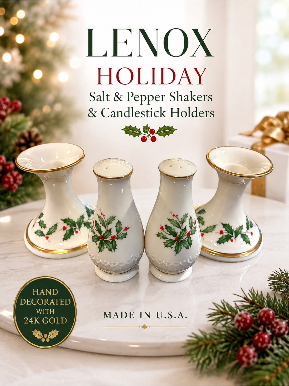 Vintage Lenox Holiday 4-Pc Set Candlesticks & Salt Pepper Shakers | 24K Gold